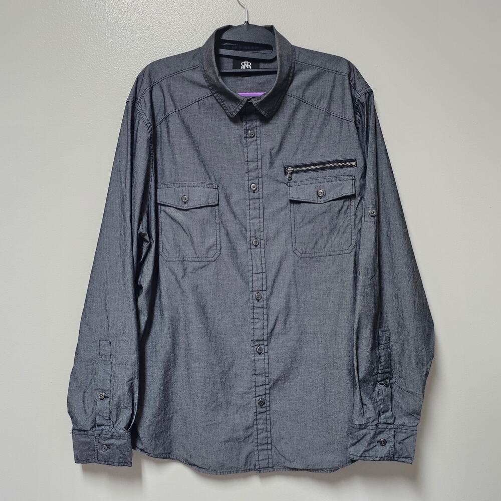 Rock & Republic Men's Long Sleeve Gray Button Up Zipper size XL